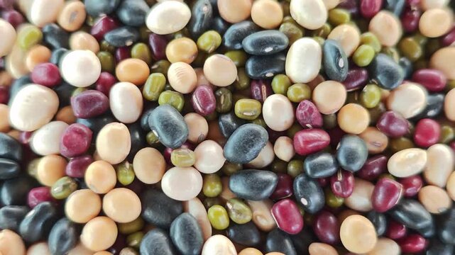 Pile of five mixed beans. (soybean, azuki bean, mung bean, white kidney bean, black bean)