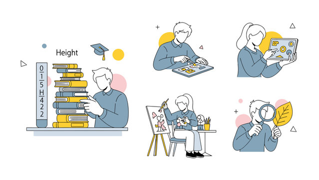 Education and Learning: A visual representation of various educational pursuits, including studying, research, and artistic creation, emphasizing the breadth and depth of learning experiences.