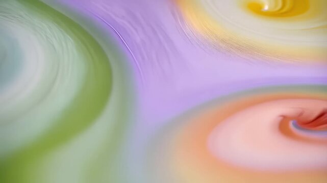 Soft pastel swirls ripple across the frame as dye pools and spins in liquid, forming vortices of green, lavender, peach, and gold; smooth gradients suggest slow motion and dreamy fluid movement.