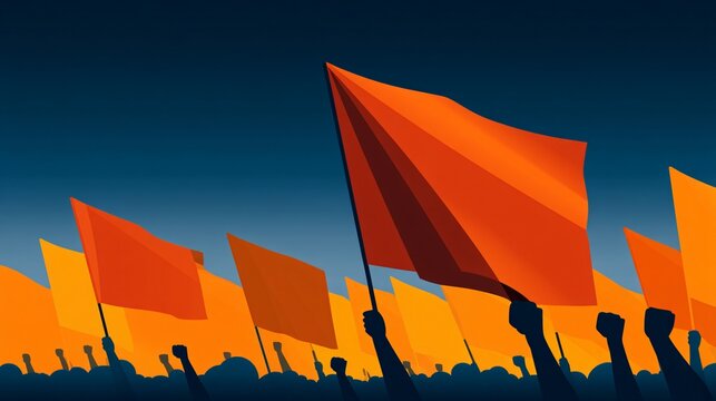 industrial labor union rally, international workers day, banners and flags, social movement