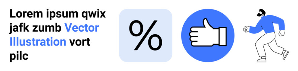 Obraz premium Business incentives, discounts, approval, fitness motivation, digital icons, conceptual design. Percentage sign, thumbs up and a running man on a clean background. Business incentives and approval