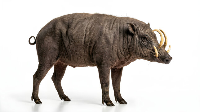 Full Body Studio Shot of a Babirusa with Prominent Tusks Isolated on White Background