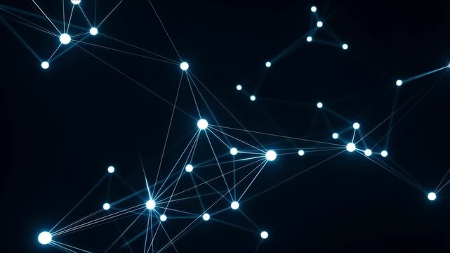 Glowing nodes connect by thin, luminous lines across a deep blue background, forming an abstract network that pulses like digital pathways or constellations, drifting softly in the dark.