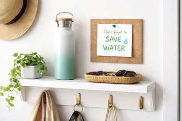 Save water note on cork board above white shelf with bottle and plant. Eco friendly habit reminder in entryway concept. Sustainable living and environmental conservation interior decor for home wall