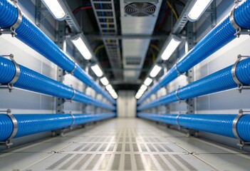 Obraz premium A well-lit industrial corridor featuring bright blue ribbed pipes on both sides and a perforated metal floor, showcasing modern infrastructure.