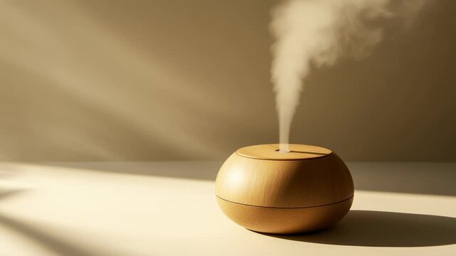 Aromatic awakening calm wooden essential oil diffuser releasing mist with soft natural light creating peaceful atmosphere for relaxation and aroma