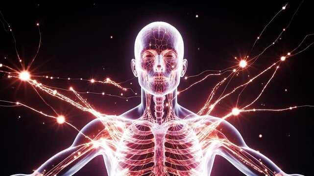 Explore the human body with animated visuals showing the nervous system and muscles in action in a dark setting