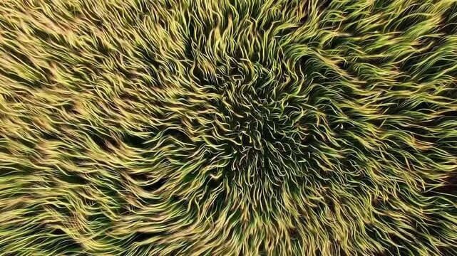 An overhead shot captures dense green and golden grasses swirling in the wind, forming a soft vortex pattern that ripples outward, their blades bending and flowing like waves across the field.