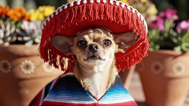 Chihuahua dog wearing sombrero and serape outdoors in sunny garden