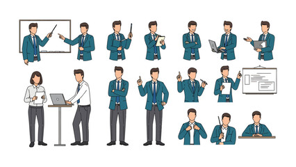 Business Presentation Illustrations: An assortment of business people are demonstrating various professional roles, including presenting, working, and engaging with technology.