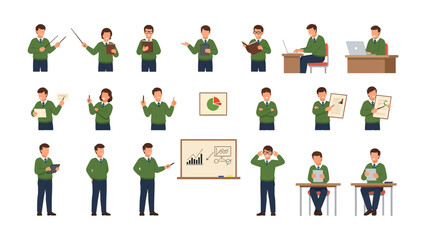 Fototapeta premium The multifaceted professional: Dynamic collection of illustrations showcases a male, person engaged in a diverse array of professional activities, ideal for a variety of business-related uses.