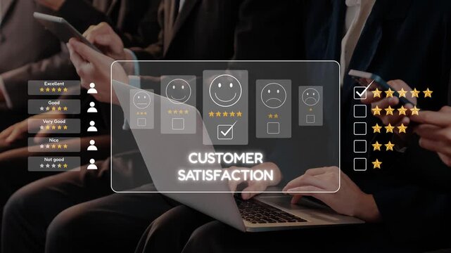 A group of professionals reviewing customer satisfaction ratings with digital displays of smiley icons and stars, indicating feedback and improvement for business success. Raster