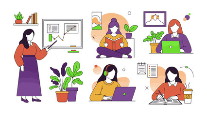 Fototapeta premium Daily Life Routine Illustration: Capturing a woman in daily life, like presenting a presentation, reading a book, using laptop, using a head phone, writing note and drinking coffee.