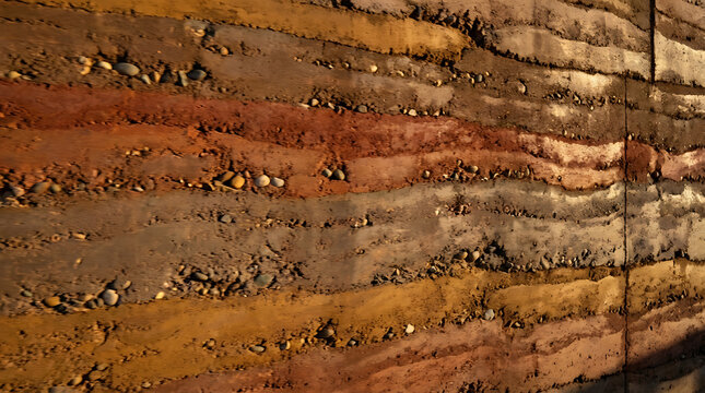 Close-up view of a textured wall made from layers of natural rammed earth and stones.