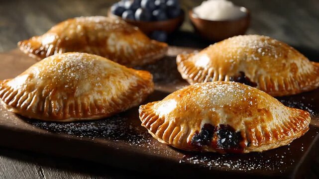 Appetizing Golden Brown Blueberry Hand Pies with Powdered Sugar on Rustic Wooden Board.