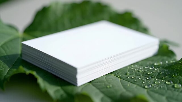 A Stack of White Blank Index Cards Resting on a Fresh Green Leaf with Dew Drops
