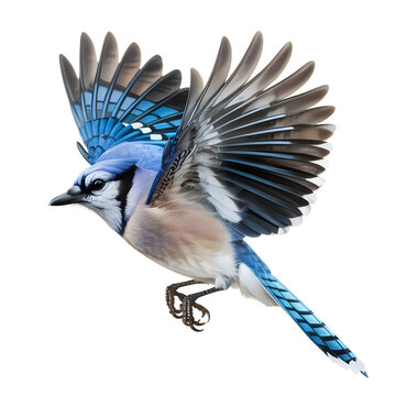 Photorealistic blue jay in flight with wings spread wide bird flying avian
