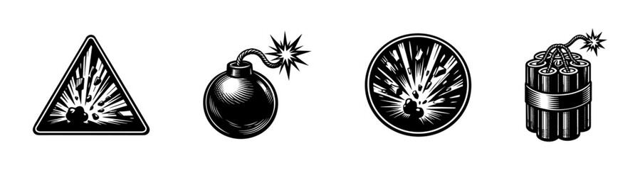 Explosive hazard warning symbols and detonation devices silhouette vector set