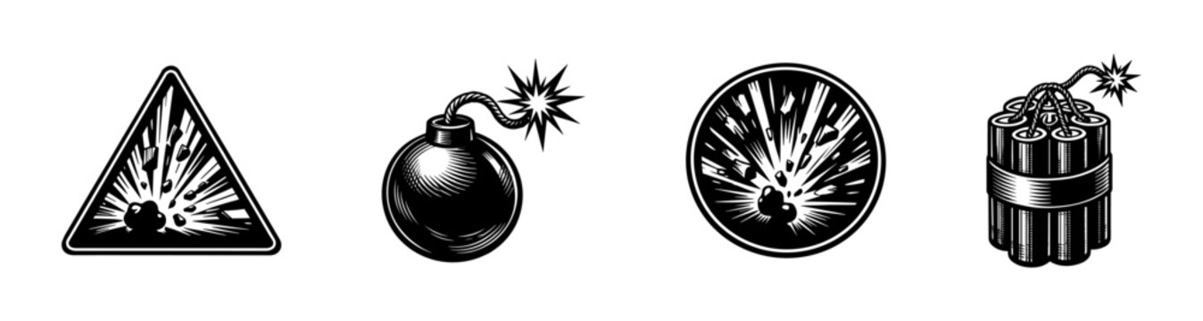 Explosive hazard warning symbols and detonation devices silhouette vector set