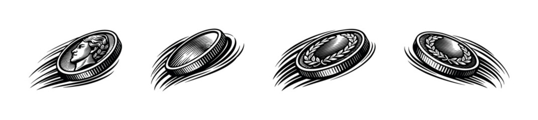 Vintage coin illustrations, black and white vector design featuring engravings and motion lines