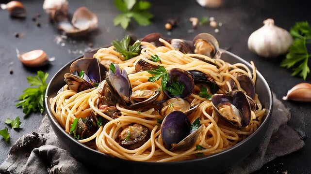 Delicious spaghetti with fresh clams and parsley, a classic Italian seafood dish on a dark table.