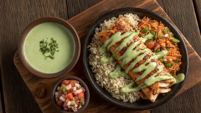 Savory Grilled Chicken Enchilada with Cilantro Sauce, Rice, and Fresh Salsa on Rustic Wood.