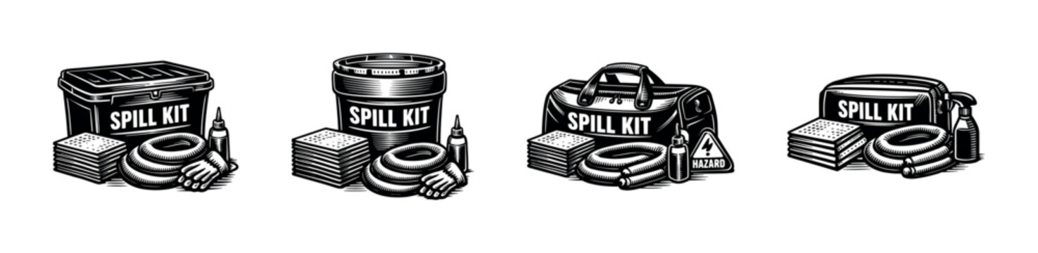 Black and white vector illustration of spill kit equipment collection with containers