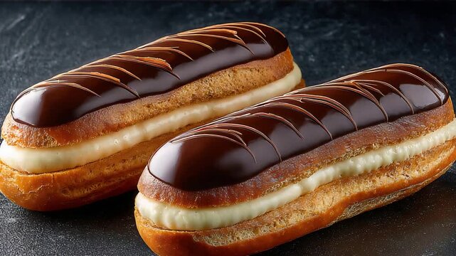 Delicious Chocolate Eclairs with Creamy Filling Displayed Elegantly on a Dark Background.