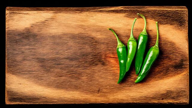 Vibrant Green Chili Peppers Resting on Rustic Wooden Board with Copy Space.