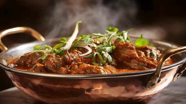 Delicious, steaming hot authentic curry served in a traditional copper bowl, garnished with fresh herbs.
