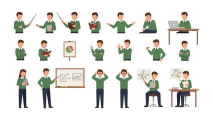 Teacher in Action: A dynamic set of illustrations showcasing a teacher in various poses and actions, capturing the essence of education, guidance, and expertise.