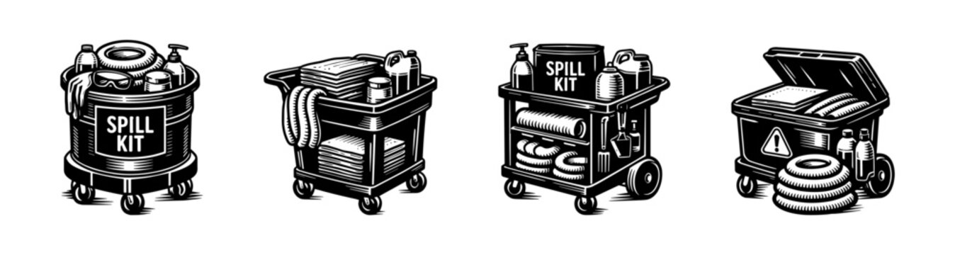 Black and white vector illustration of industrial spill kit trolleys and equipment