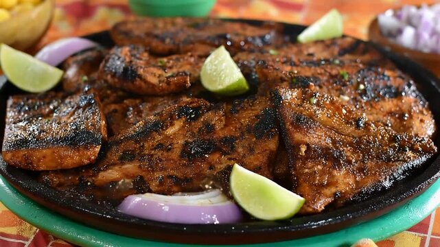 Delicious Sizzling Grilled Meat with Fresh Lime Wedges and Red Onions on a Hot Skillet.