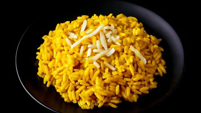 Appetizing Golden Orzo Pasta Dish Topped with Grated Cheese Against a Dark Background.