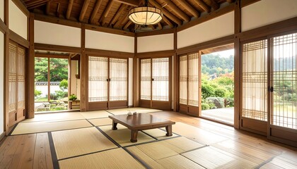 Obraz premium A cozy, bright room with tatami mats opens to a view of lush greenery and foliage on a sunny day