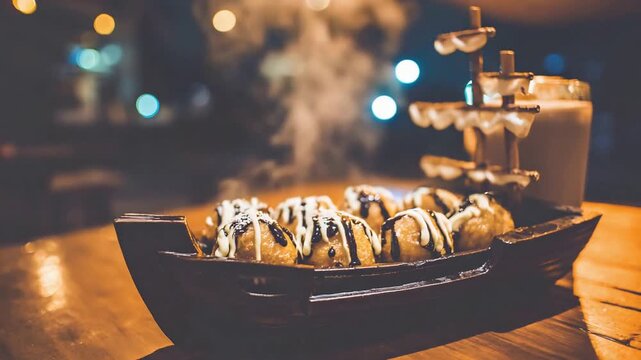 Warm sweet pastries drizzled with chocolate and cream presented on a unique boat platter.