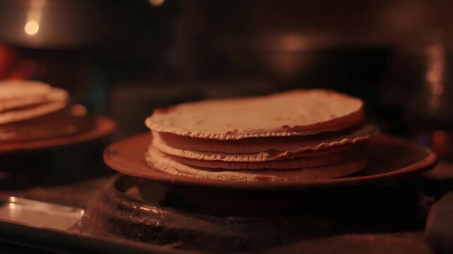 Warm, Freshly Made Tortillas Stacked on a Rustic Clay Plate for a Traditional Meal.