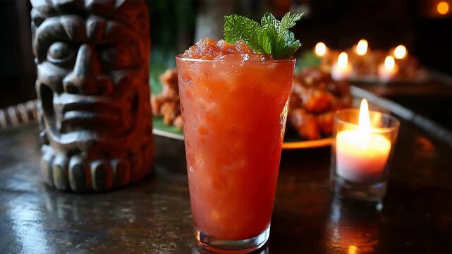 Vibrant tropical cocktail with mint and crushed ice, tiki statue, warm candlelight ambiance.