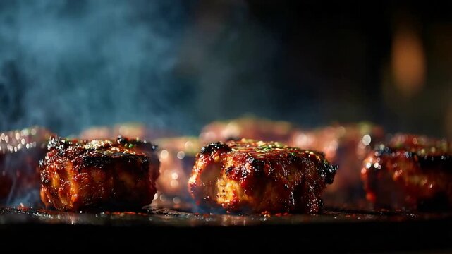 Delicious Marinated Meat Steaks Sizzling on a Hot Grill with Smoke Rising During Barbecue.