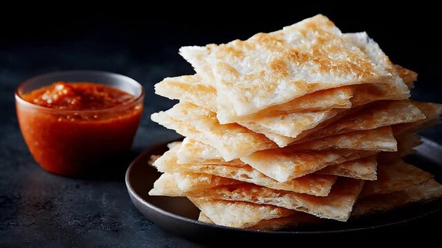 Delicious Stack of Golden Crispy Layered Flatbread Served with Savory Red Dipping Sauce.