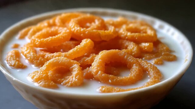 Close up of delicious traditional Indian sweet Jalebi soaking in creamy white milk.