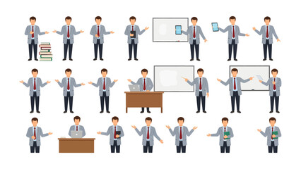 Teacher's diverse presentations in class: An image of diverse presentation of teacher in his presentation environment to display the teacher's pose in different styles and showing.