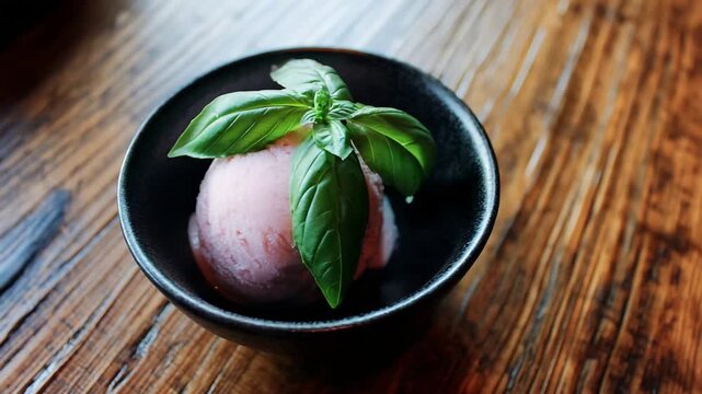 Delicious Pink Sorbet Garnished with Fresh Green Basil Served in a Bowl on Wooden Table.