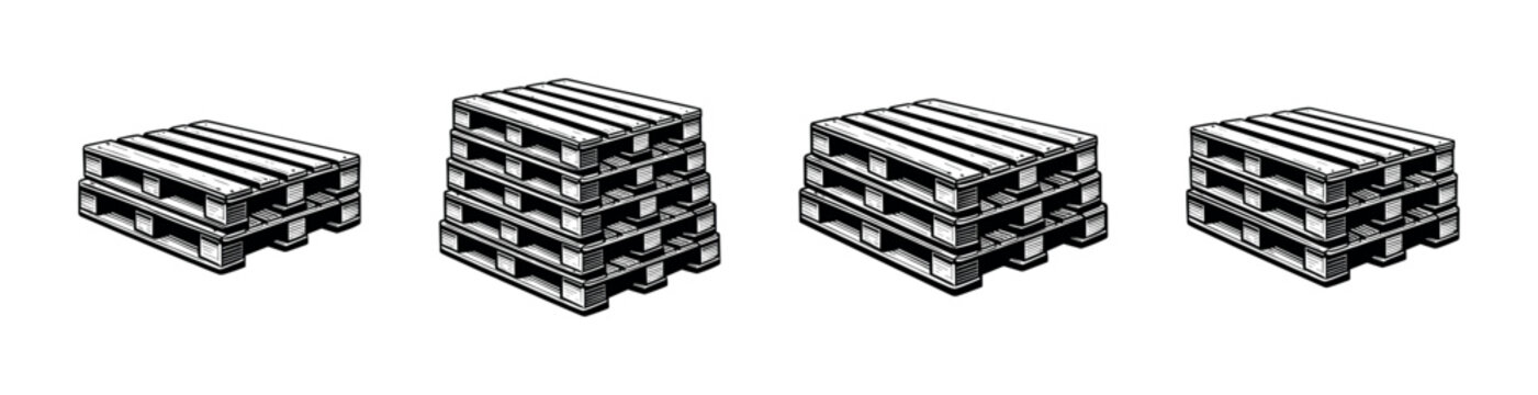 Hand-drawn wooden pallets set in black and white vector illustration