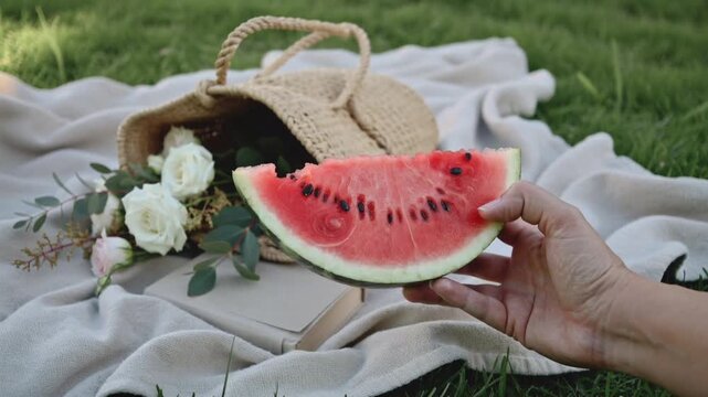 Hand holding a slice of watermelon on a picnic blanket with a basket fruit summer