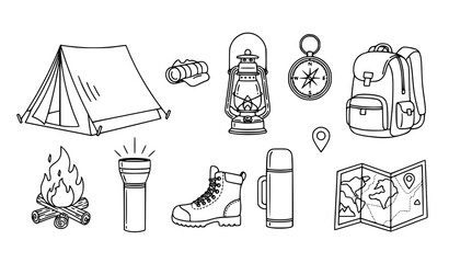 Camping outdoor equipment outline vector set with tent backpack lantern compass and boots © Mdjony