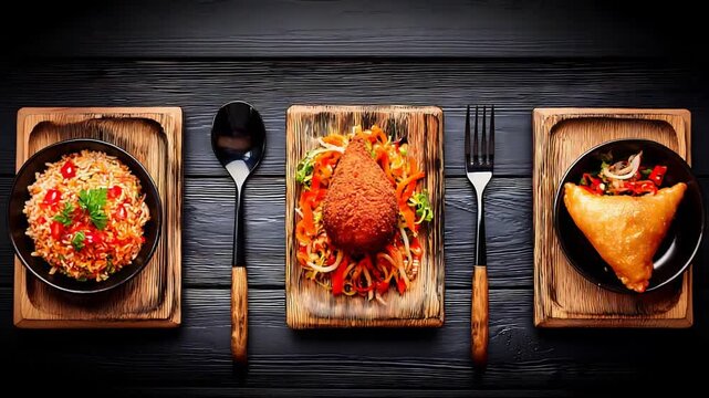 Delicious international cuisine flat lay savory rice, fried appetizer, and pastry on rustic table.