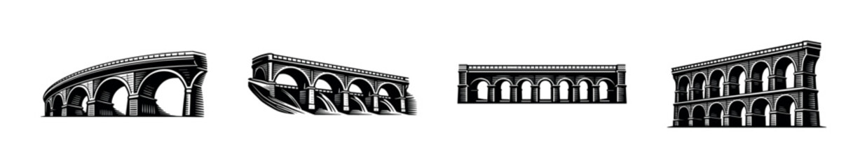 Obraz premium Black and white architectural aqueduct silhouettes vector illustrations set