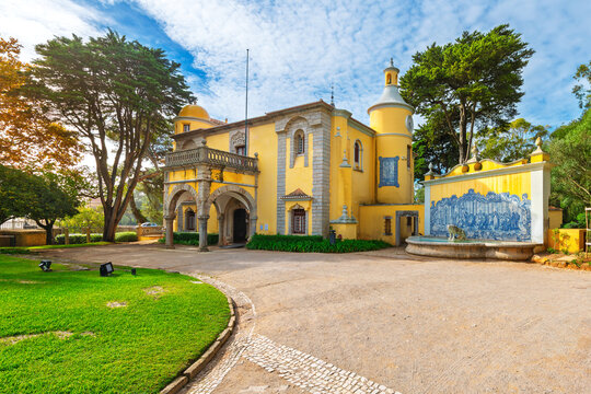 The historic Condes de Castro Guimaraes, or Palace of the Counts of Castro, a former seaside villa and now a museum, at Marechal Carmona Park in Cascais, Portugal.