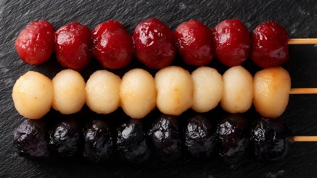 Assortment of Sweet Japanese Dango Mochi Balls on Skewers Presented on Dark Slate.